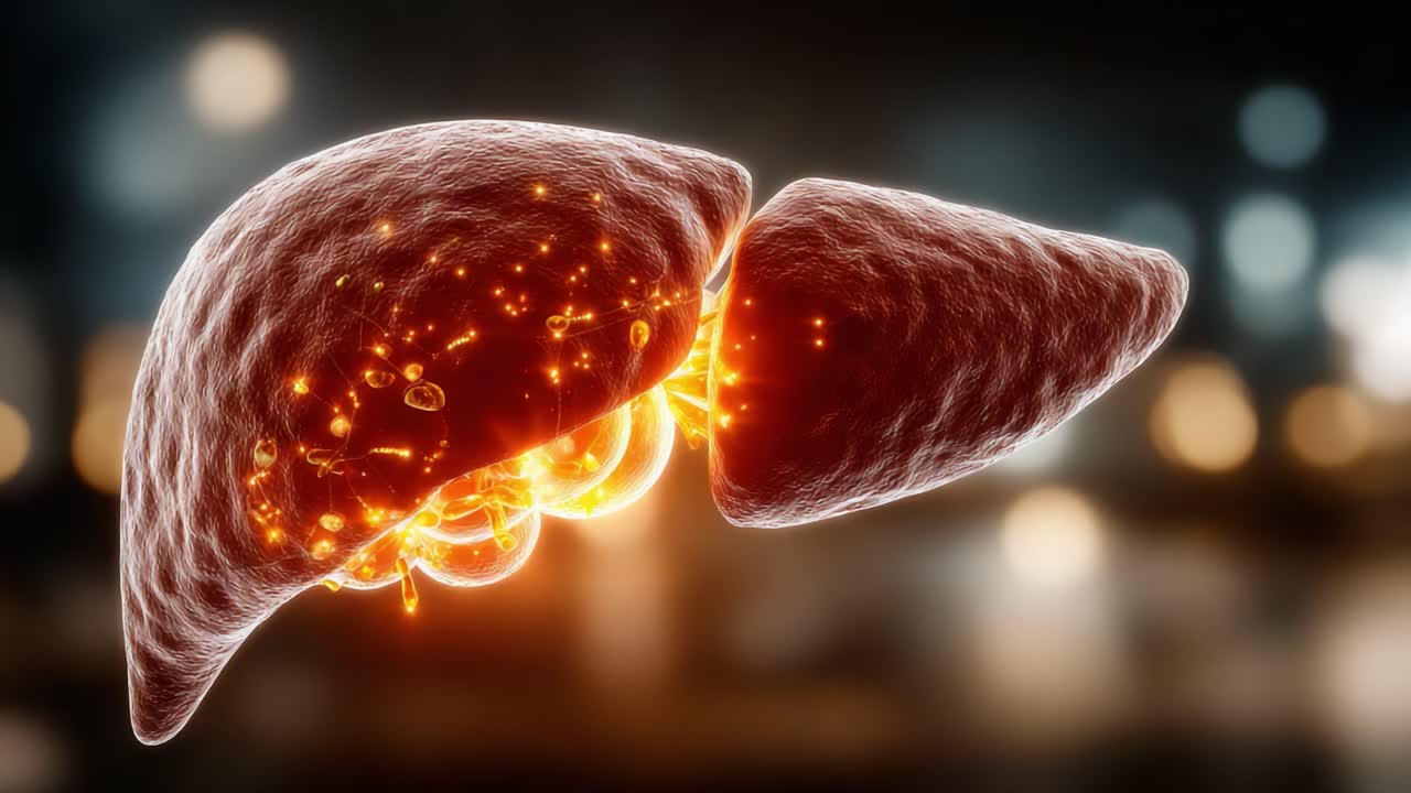 Una visualizzazione dettagliata del fegato umano, che illustra la sua struttura complessa e funzionalità con enfasi sui processi interni e sul significato biologico.