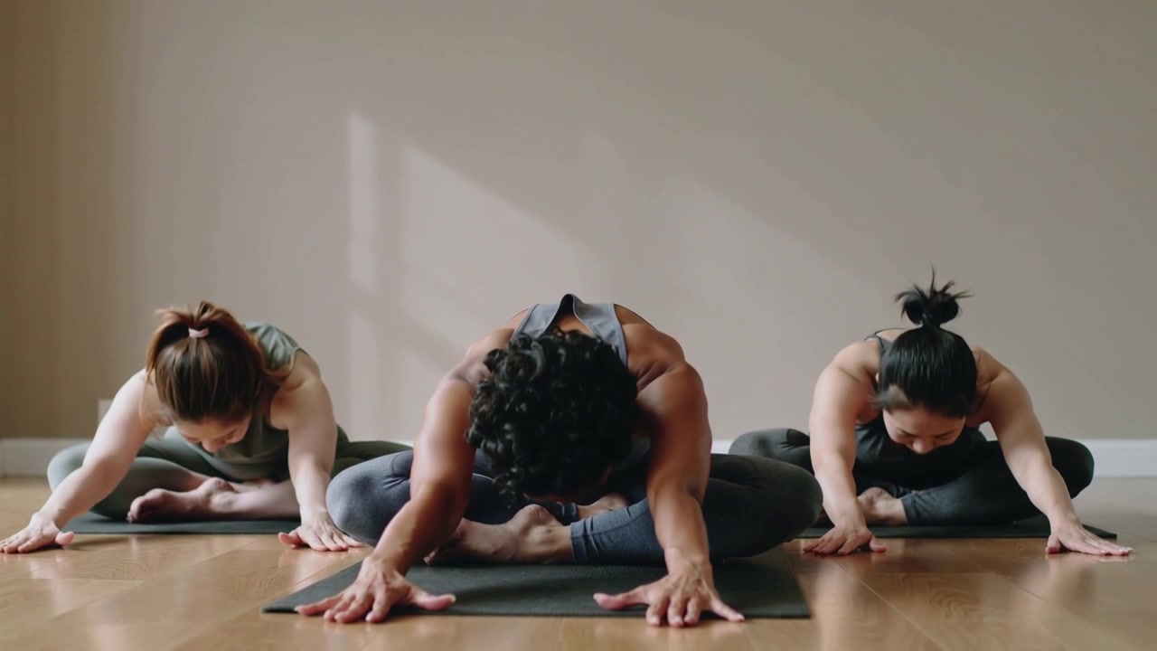 Donna in posizione centrale che guida la piegatura in avanti per studenti in abbigliamento da yoga in uno studio, con tappetini neri.