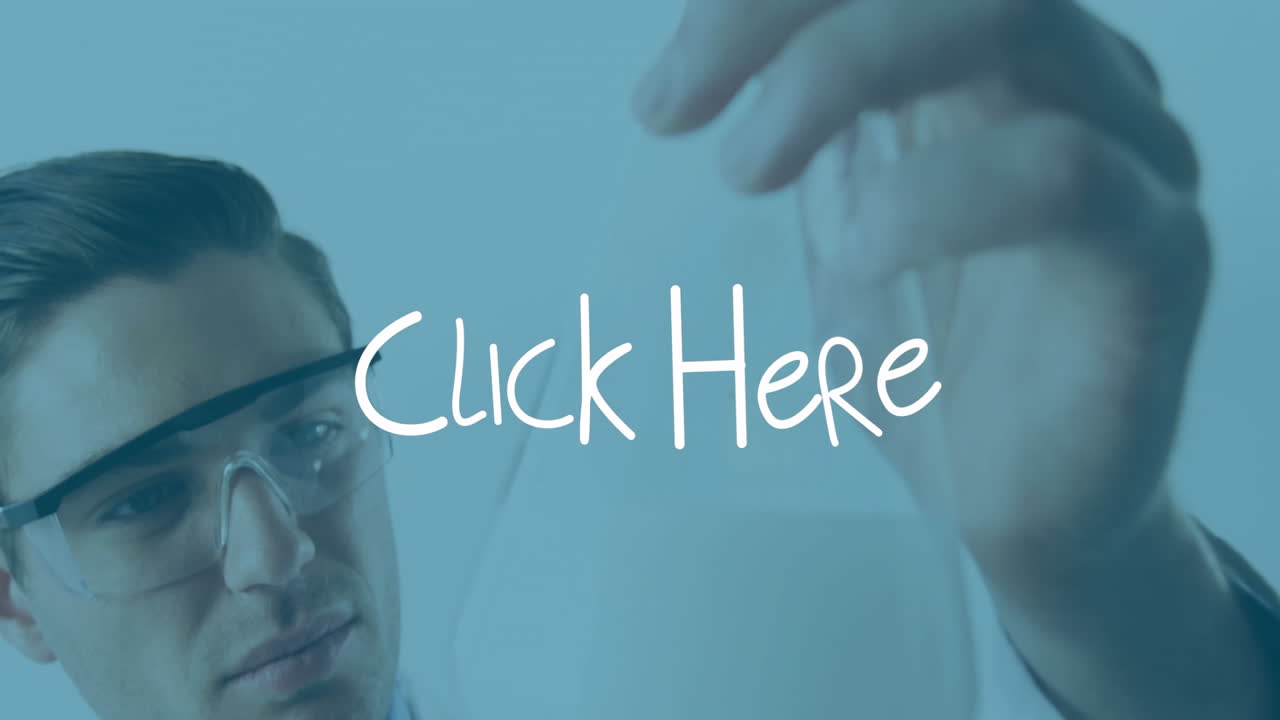 Examining flask, scientist in lab with animation of Click Here text overlay
