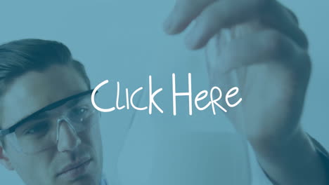 examining flask, scientist in lab with animation of click here text overlay