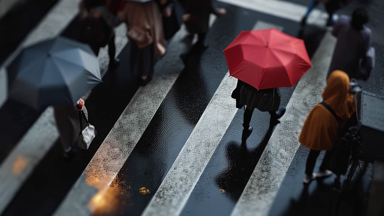 Rainy street, people cross with umbrellas. One red umbrella stands out among darker ones. Crowds move through wet crosswalk, blurred, muted. Red umbrella draws attention, symbolizing uniqueness