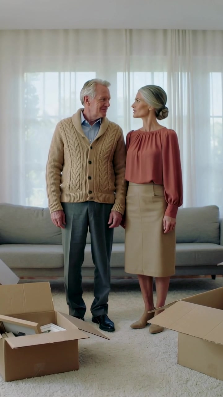 Vertical video: Noticing boxes, senior couple in cardigan and skirt smiling while unpacking at home