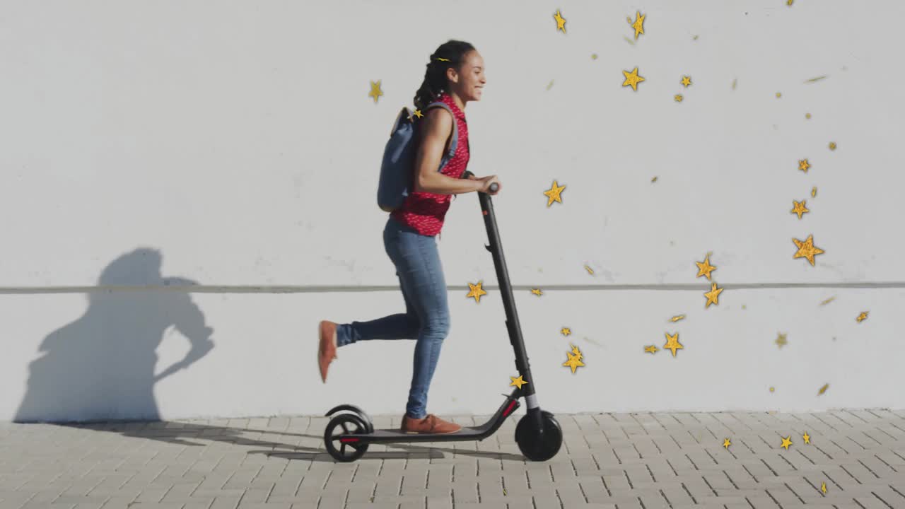 Woman pushing off with black kick scooter, showcasing transportation with animated yellow stars