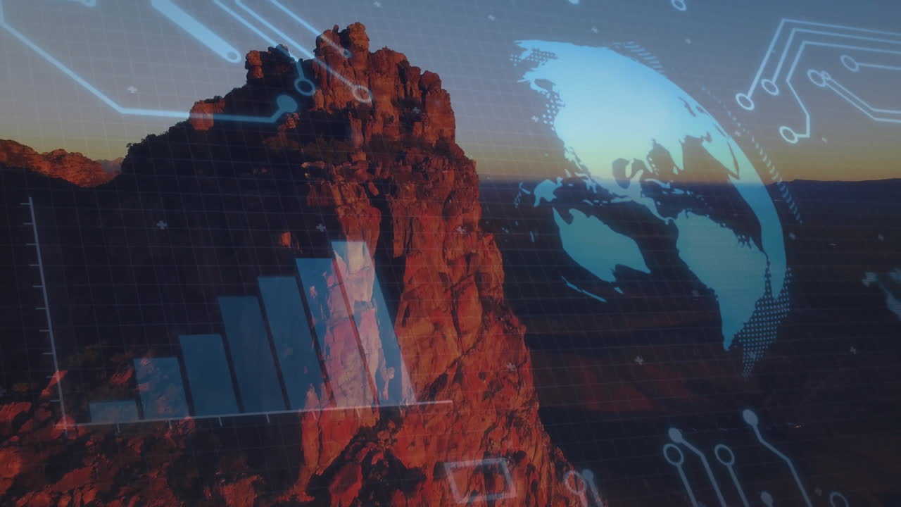 Red rock formation rising from desert, displaying bar chart, grid and circuit lines over 3D globe