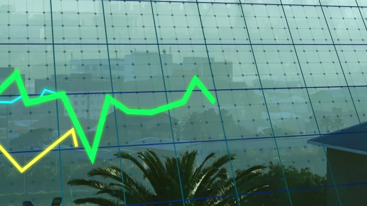 animación del procesamiento de datos estadísticos a través de la red de cuadrícula frente a una vista aérea del paisaje urbano