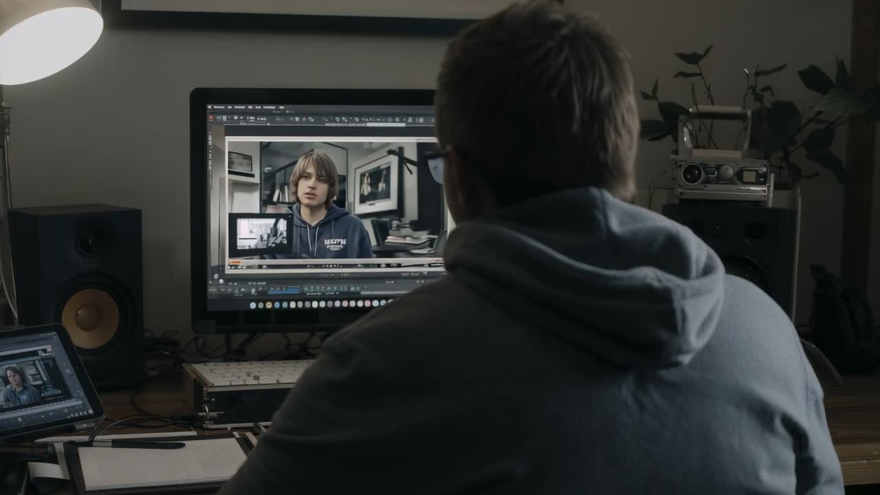 Watching man in hoodie reviewing playback advancing on monitor and lamp at home office for editing