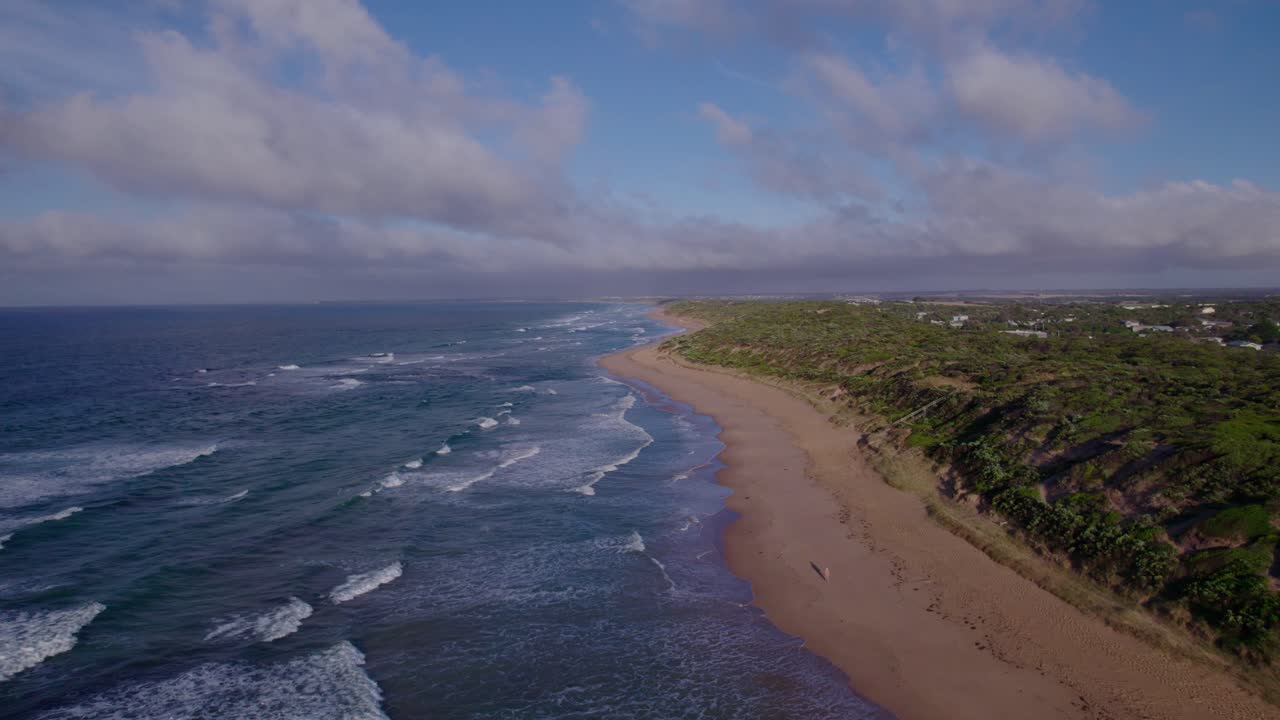 Ripresa aerea introduttiva di onde che si infrangono dolcemente sulla spiaggia di Point Lonsdale.