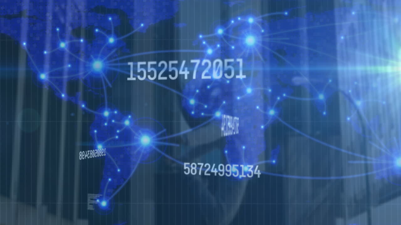 Animation of changing numbers and connected dots over map against dancer jumping in background