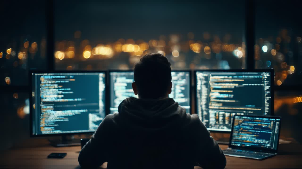 A Programmer Analyzing Complex Code on Multiple Screens Against a Cityscape Background at Nighttime, Illuminated by City Lights and Computer Displays