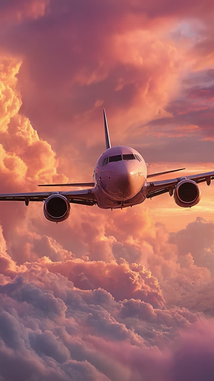 Un vol au coucher de soleil glorieux : vue captivante d’un avion planant à travers de majestueux nuages de barbe à papa et des teintes de ciel éclatantes au crépuscule
