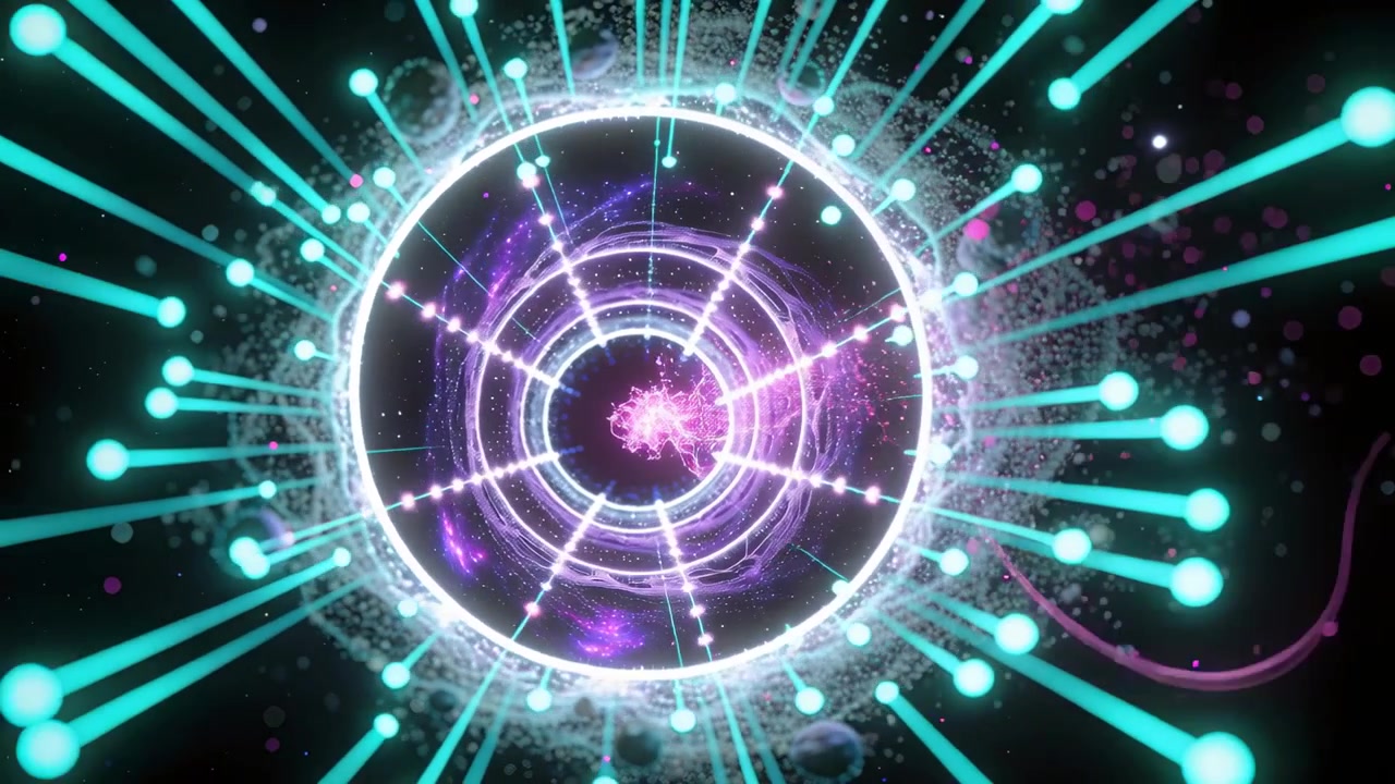 Filamento rosa vivido che entra nell'anello centrale nel vuoto, depositando energia e raggi ciano pulsanti