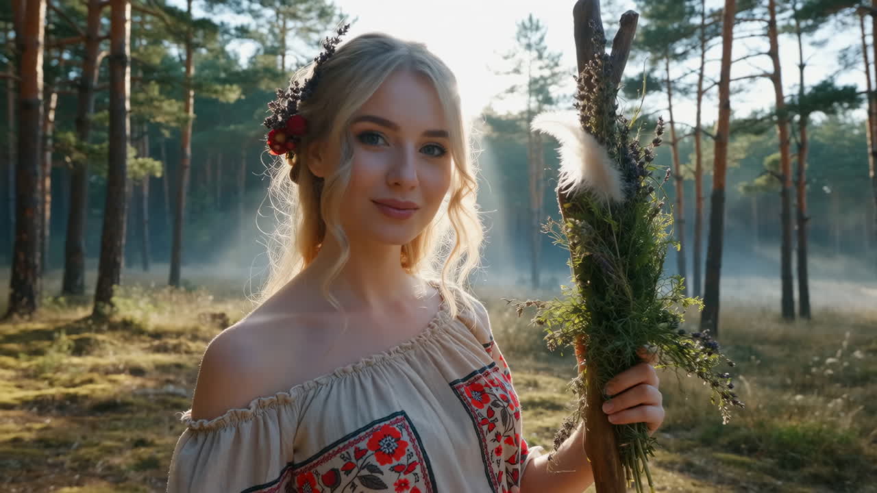 Ethereal Blonde Woman in Folk Costume Holding a Staff in a Misty Forest