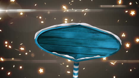 animation of blue wooden board with copy space with glowing stars falling over grey background