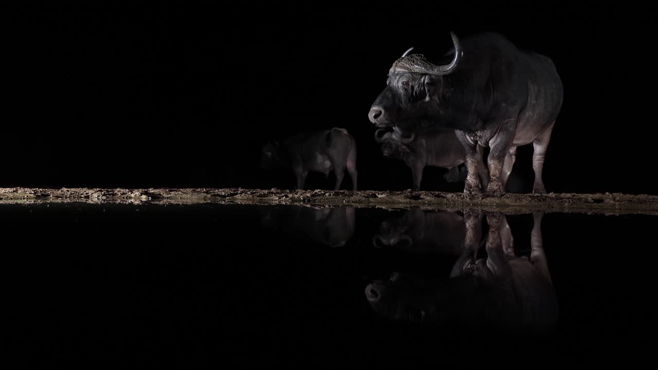 밤에 옆에서 불을 밝힌 케이프 버팔로가 새김질을 하고 어두운 연못에 반사됩니다