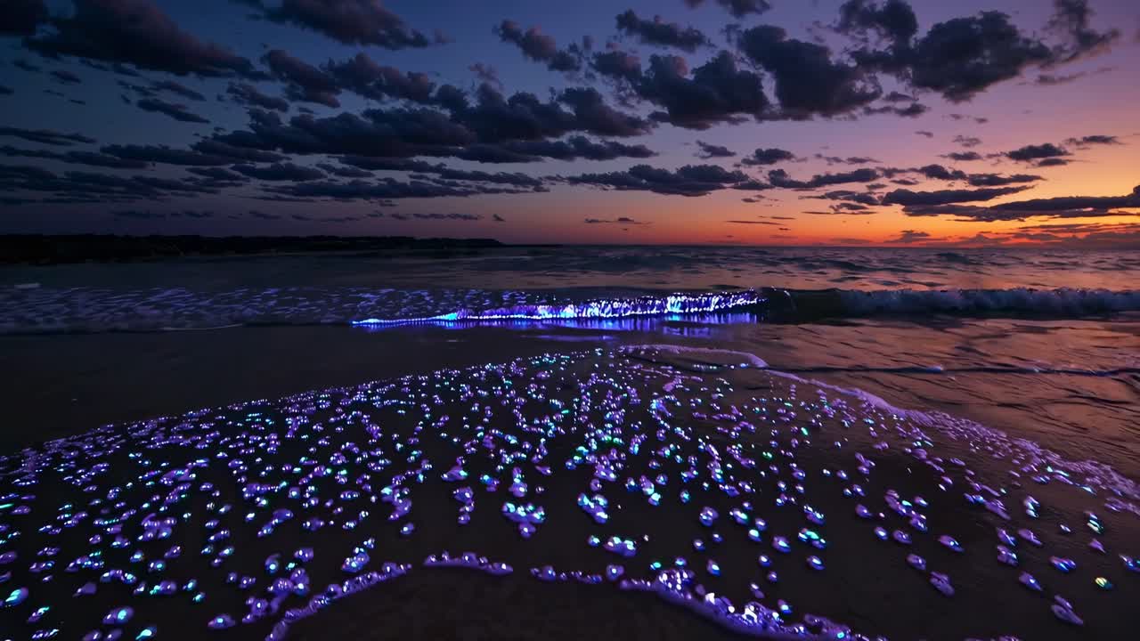 Low-angle video capturing a serene beach at dusk, with glowing bioluminescent waves under a colorful