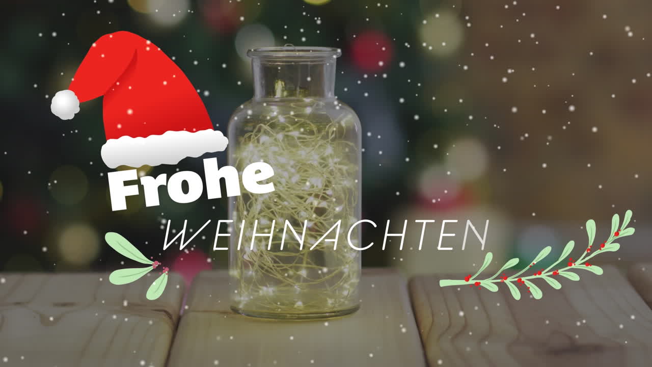 크리스마스 시즌의 애니메이션 크리스마스 장식 위에 눈이 내리는 인사