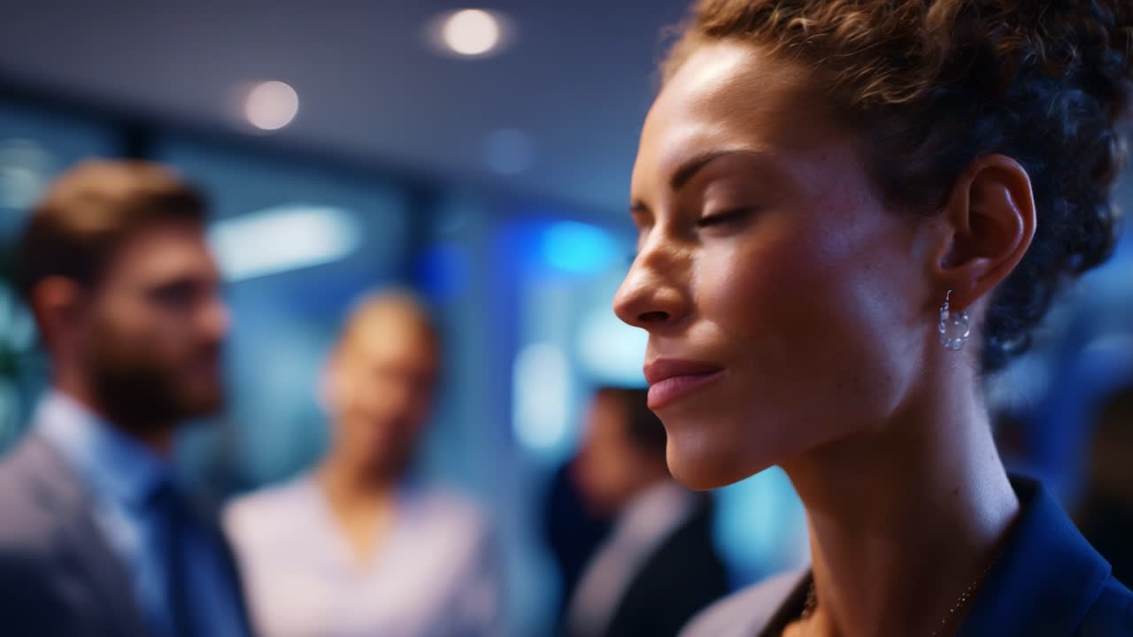 A confident woman in a professional setting engages with colleagues at a networking event, showcasing her poise and charisma in a bustling corporate environment