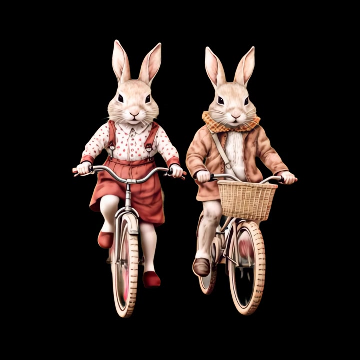 Zwei animierte anthropomorphe Kaninchen fahren Fahrrad