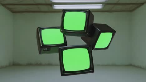 floating vintage televisions with green screens