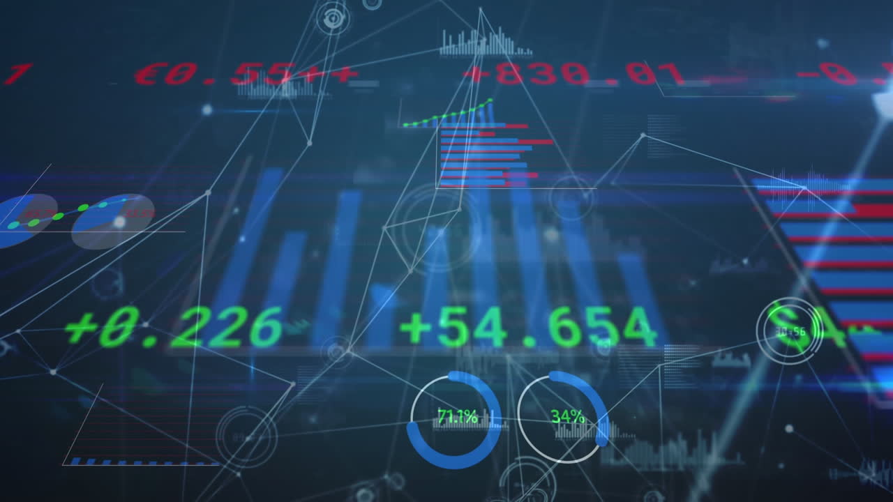 Animation of line with financial data processing over network of connections
