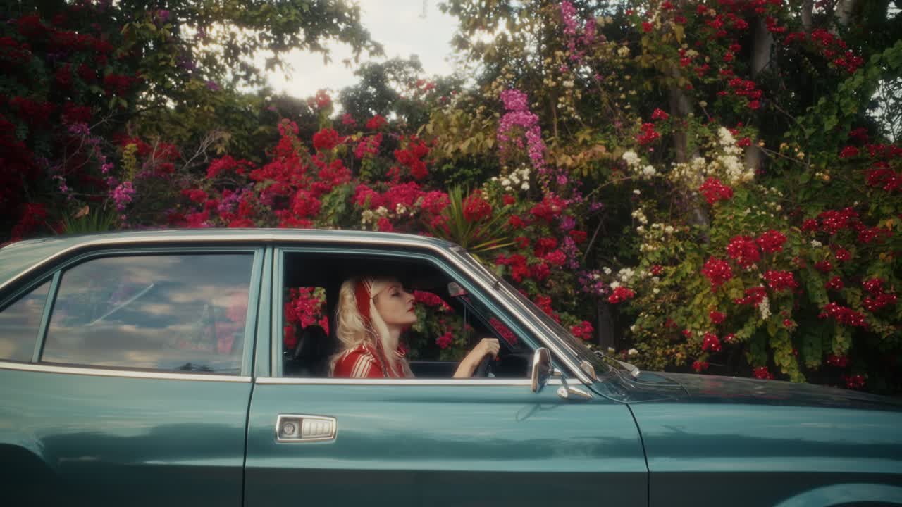 Stylische Frau posiert in Oldtimer vor einem floralen Hintergrund