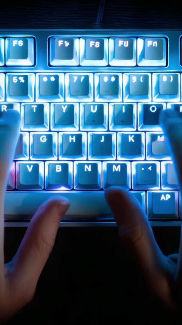 A Close-Up Look at an Illuminated Keyboard in Action, Highlighting Dynamic Lighting Effects as Hands Type in Fast Motion