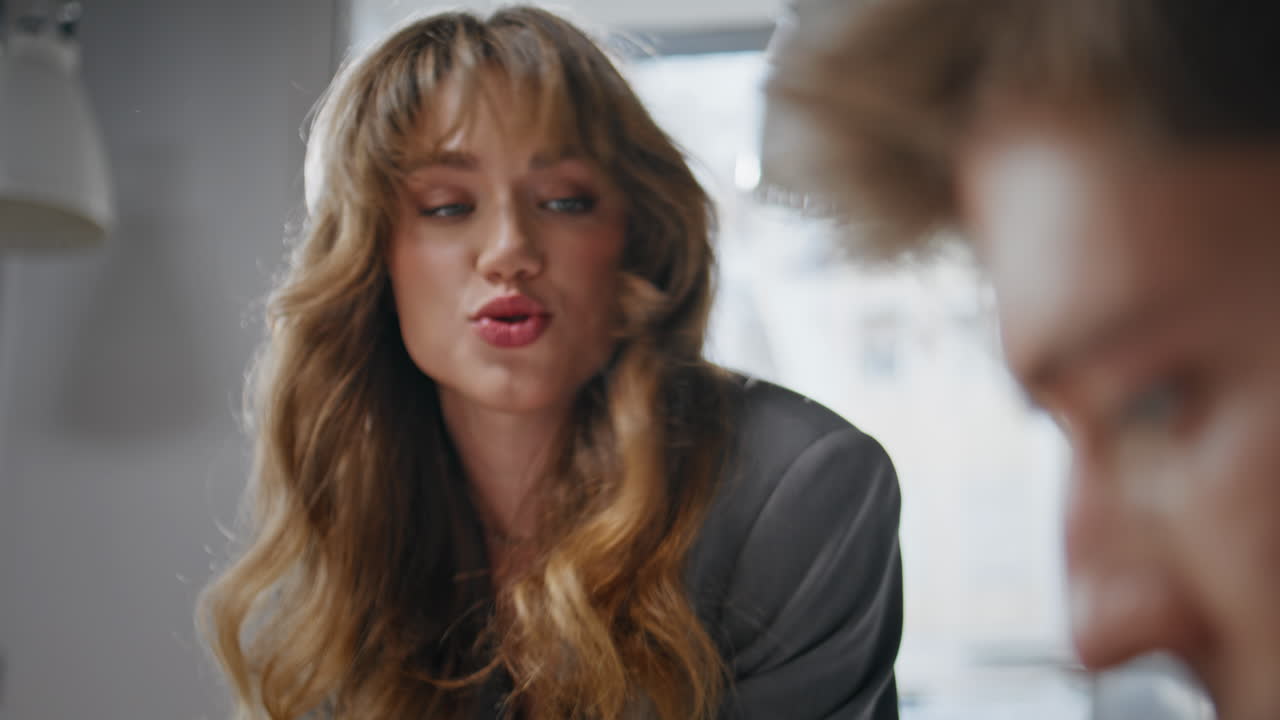 Woman manager communicating colleague room closeup. Business team sharing ideas