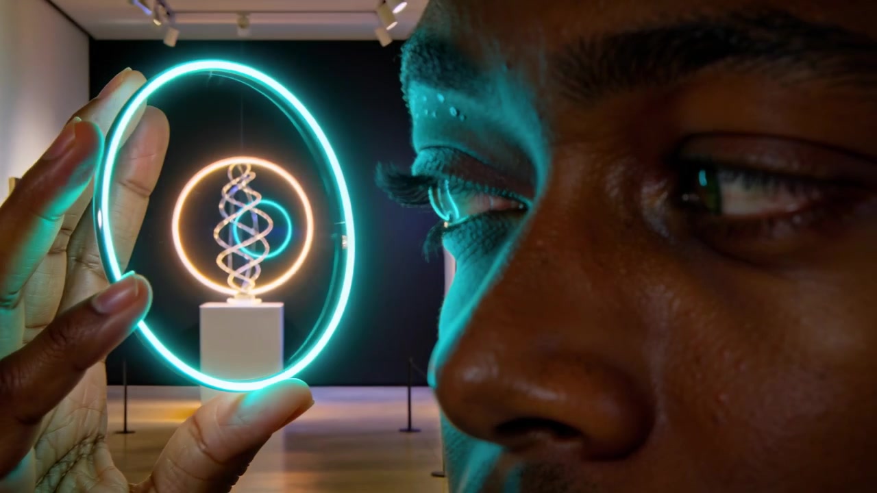 Bringing handheld cyan ring to eye, adult man inspecting neon sculpture at gallery, aligning rings