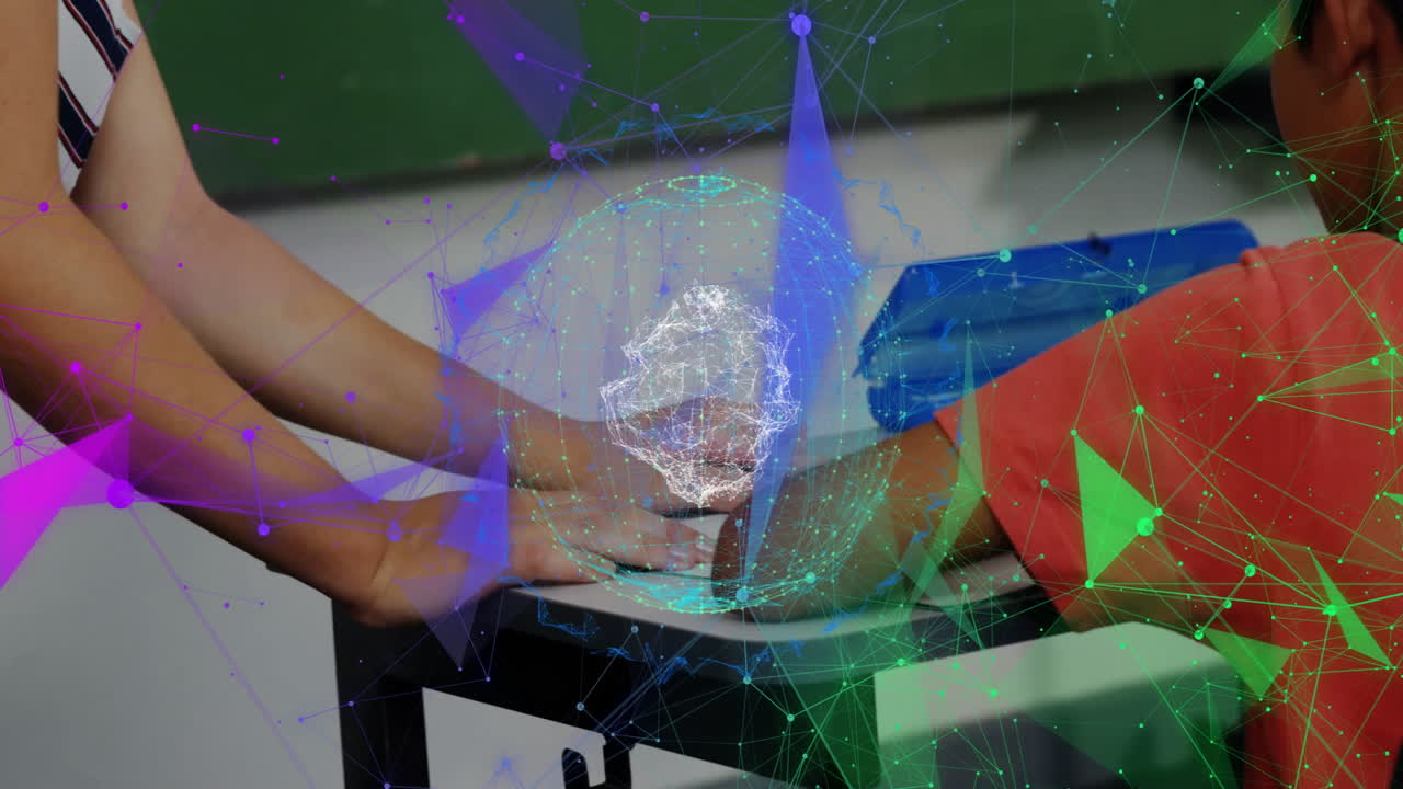 In school, children interacting with digital network animation in classroom setting