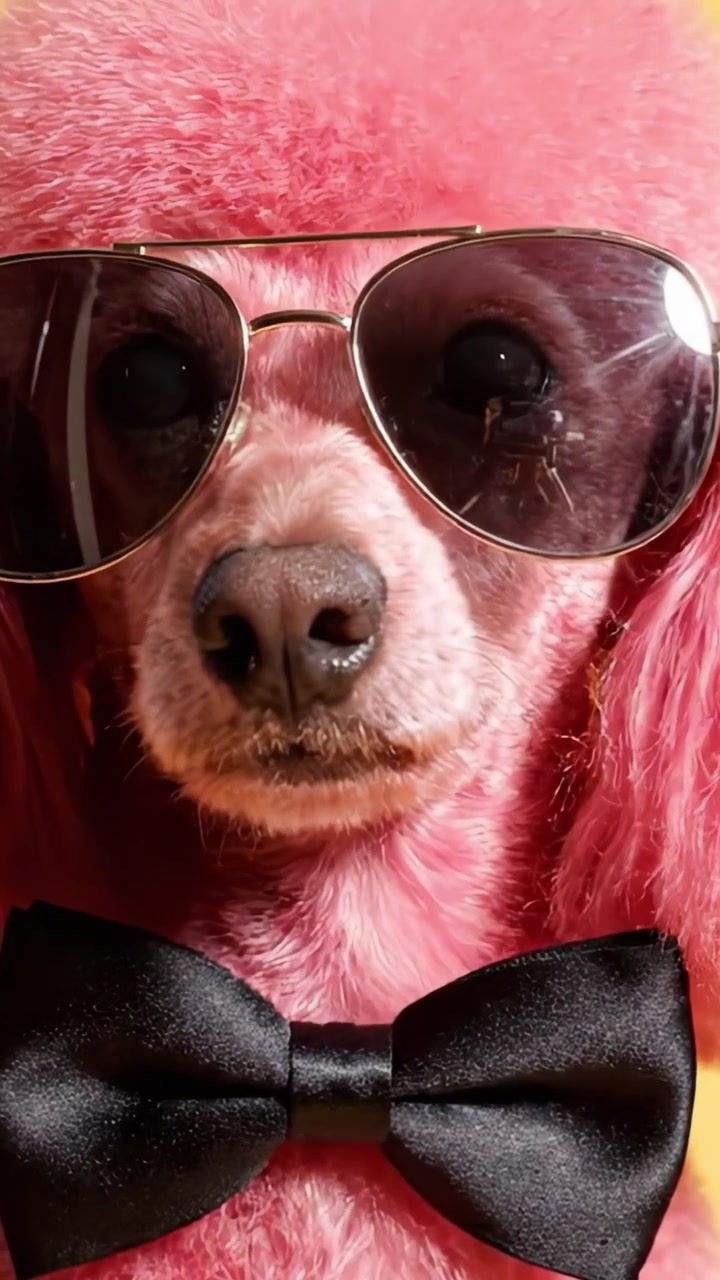 Un elegante barboncino rosa con occhiali da sole e un papillon su uno sfondo giallo vivace, che mostra la sua personalità alla moda e giocosa.