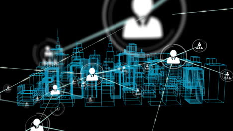red de conexiones y animación de procesamiento de datos a través de cityscape wireframe