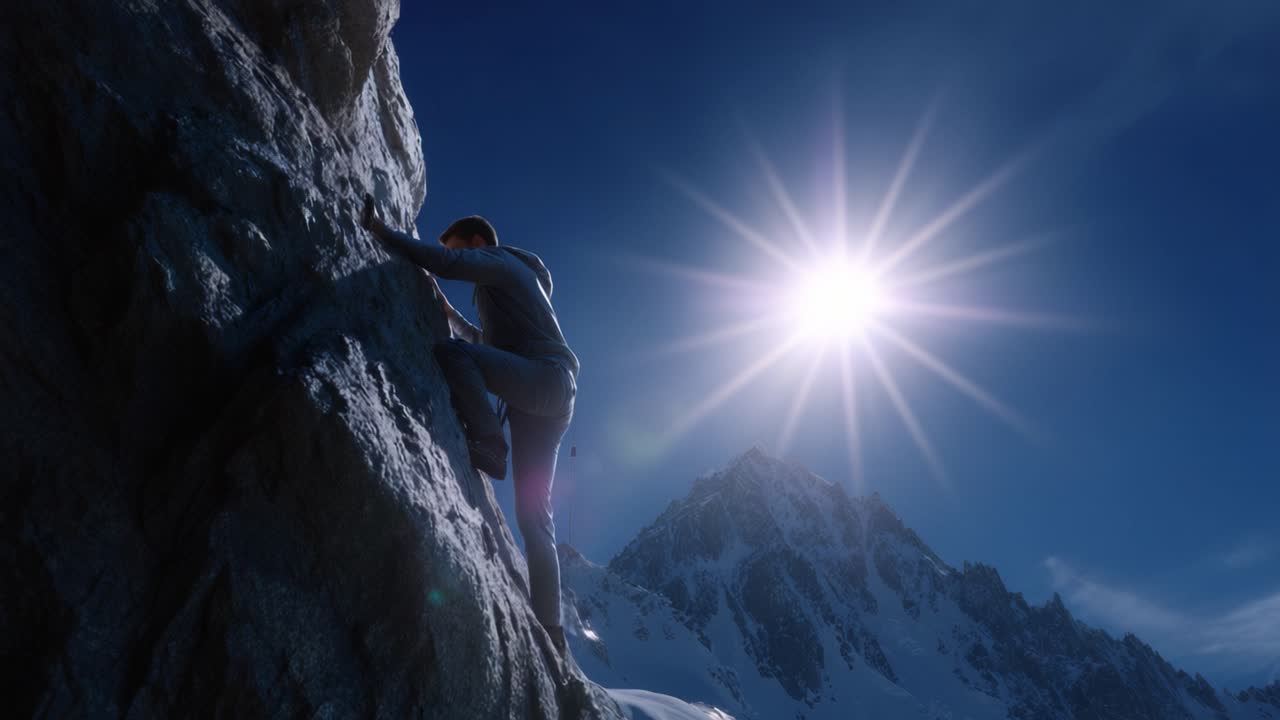 Un determinato scalatore che scala una ripida parete di montagna sotto un sole radioso, mostrando l'emozione e la bellezza dell'arrampicata su roccia contro uno sfondo mozzafiato.
