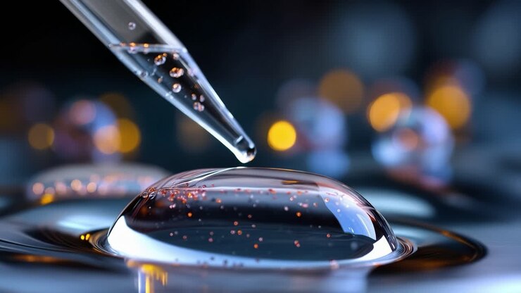 Primo piano di una goccia da una pipetta che cade su una superficie, creando increspature e bolle con un effetto bokeh sullo sfondo, mostrando la dinamica dei liquidi