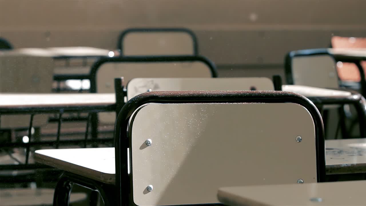 Empty School Desks during COVID-19 Crisis in Buenos Aires, Argentina. Zoom Out. 4K Resolution.