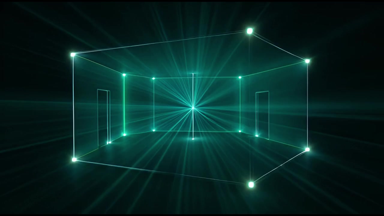 Futuristic Green Laser Light Forms a Geometric Cube Structure