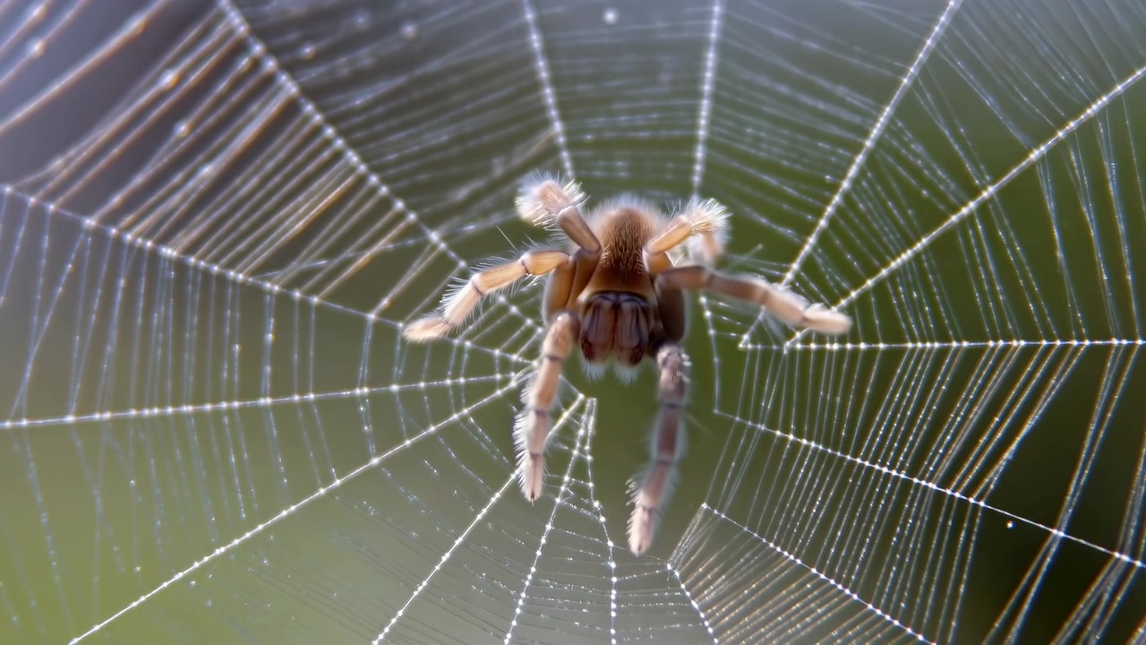 Nærbilde av en liten hårete edderkopp som hviler i midten av nettet, lett bevegelse i bena som antyder våken stillhet, bakgrunnsbelyste silketråder, dugg som glitrer, myk uskarphet og symmetrisk naturlig mønster utendørs