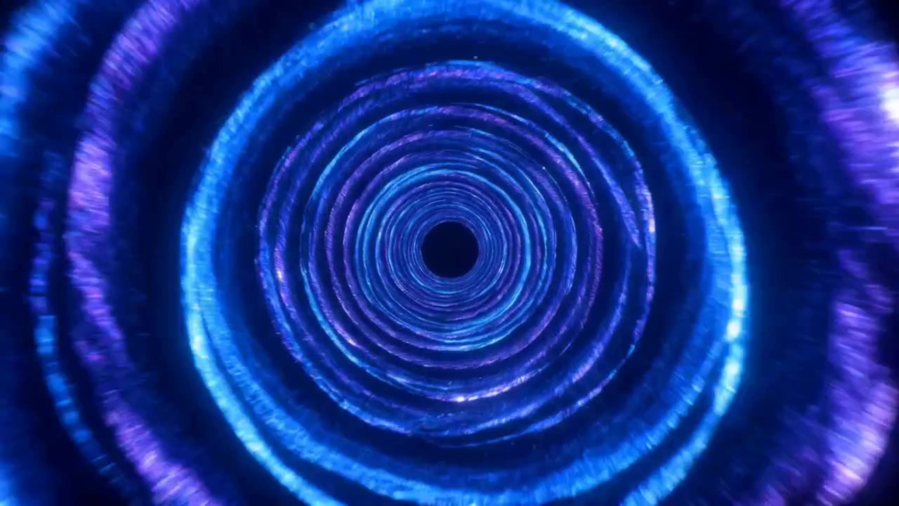 Frontal view of circular tunnel formed by luminous textured bands in cyan blue and violet magenta, converging toward dark center with metallic shimmer, granular surface, and immersive depth