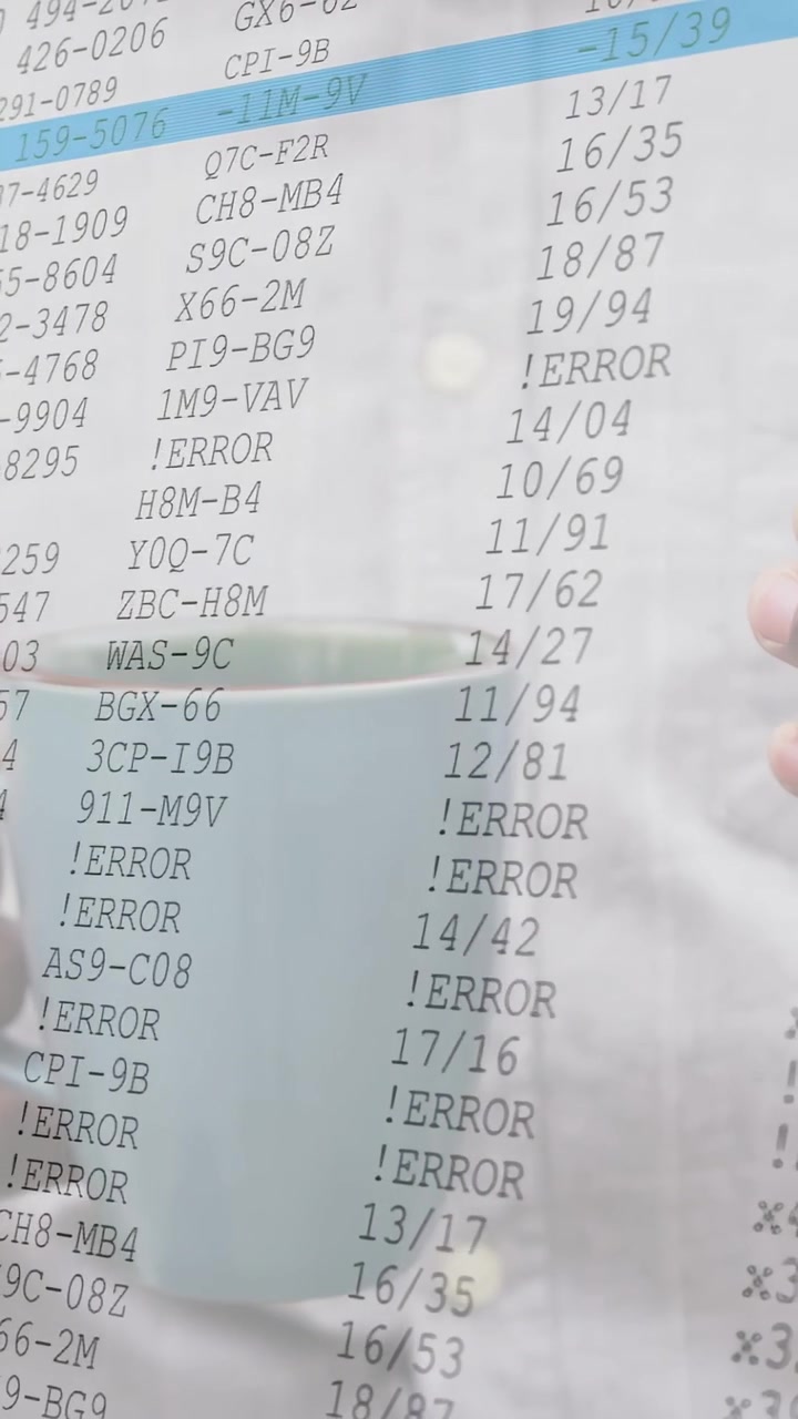 Video verticale: Feed di errore che appare sopra una tazza, uomo che tiene una tazza, a destra con il telefono che controlla errori tecnici.