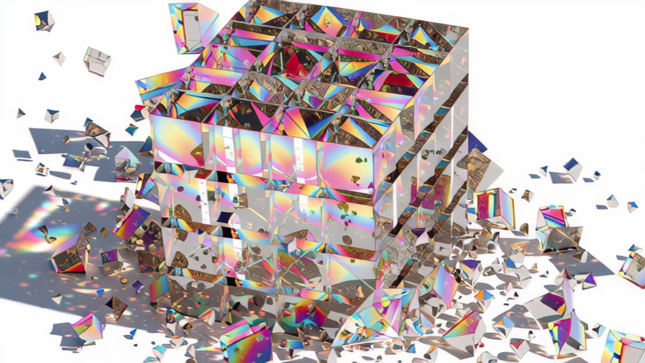 Abstract 3D footage of an iridescent glass cube breaking apart into reflective shards and debris, isolated on white background with rainbow highlights and sharp shadows