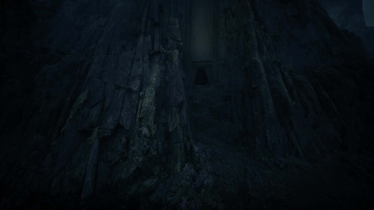 Massive geological formation featuring somber shadows and layered intrigue