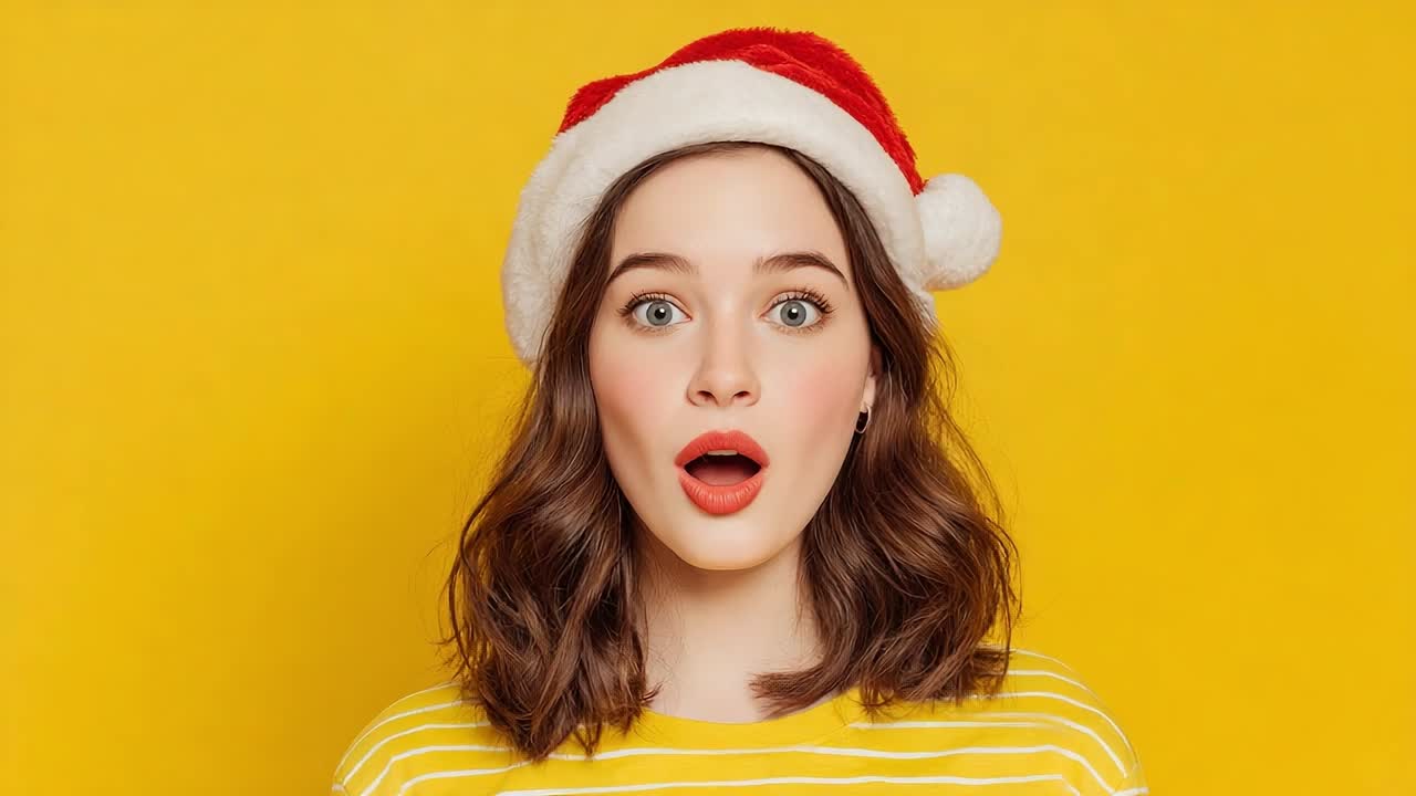 Surprised girl wearing Santa hat with yellow background in festive setting