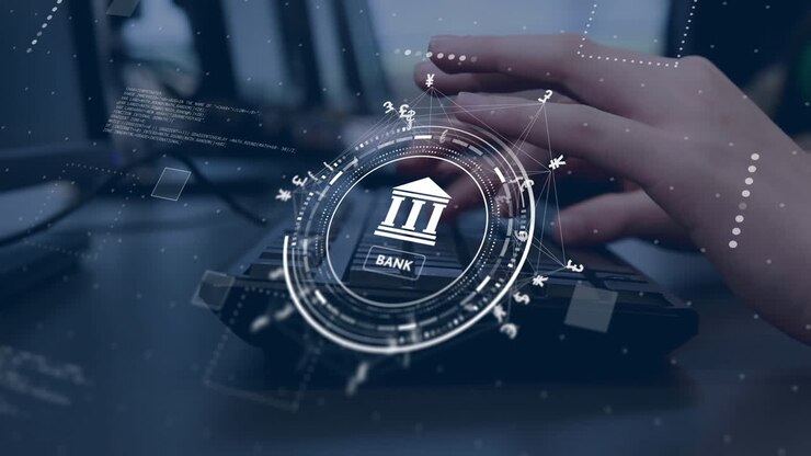 Animation of bank sign, network and data processing over caucasian woman using laptop