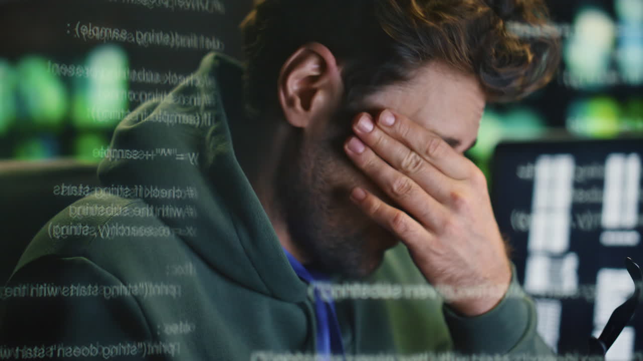 hombre sobrecargado de trabajo frotando los ojos trabajando datos holograma de primer plano. codificador sintiéndose cansado