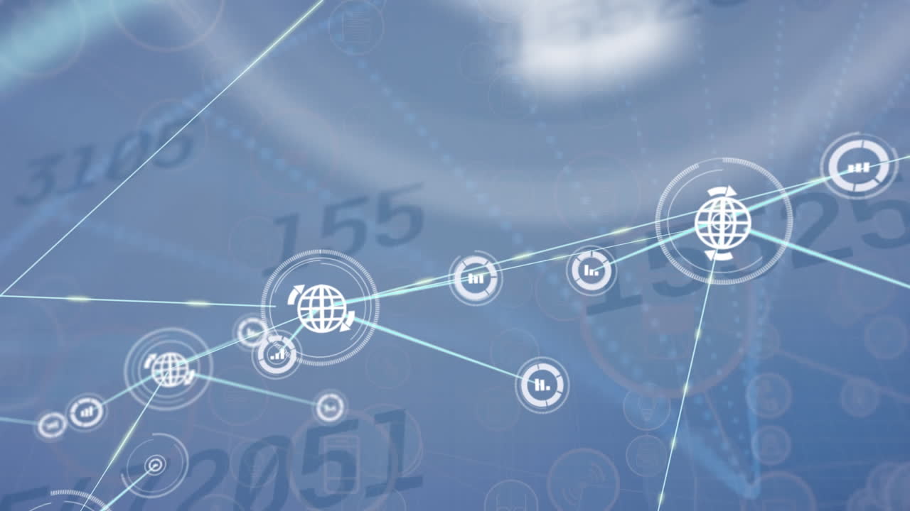 파란색 배경에 디지털 아이콘과 데이터 처리로 연결 네트워크의 애니메이션