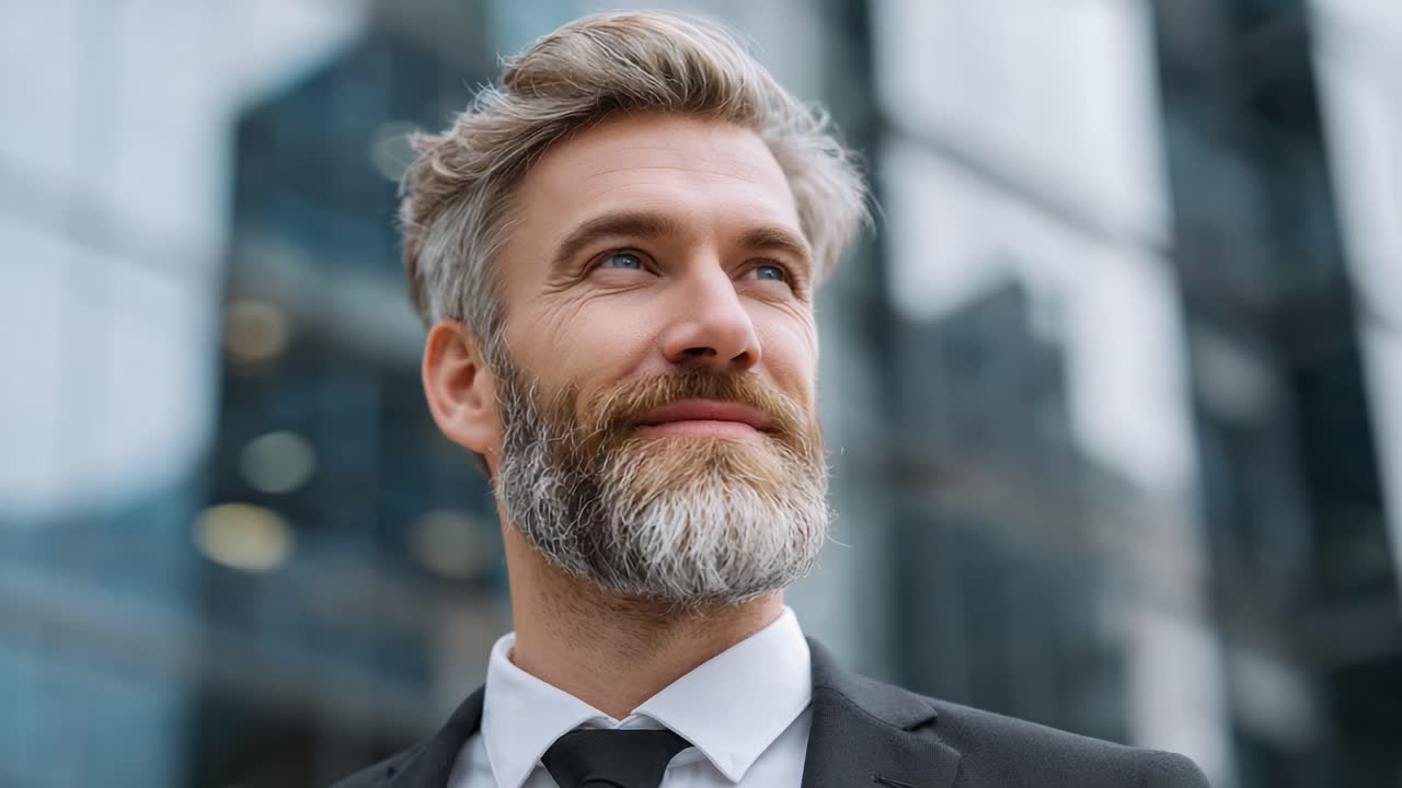 A Confident Businessman in a Suit Smiles Hopefuly While Standing Outdoors Against a Modern Cityscape, Reflecting Professional Success and Positivity