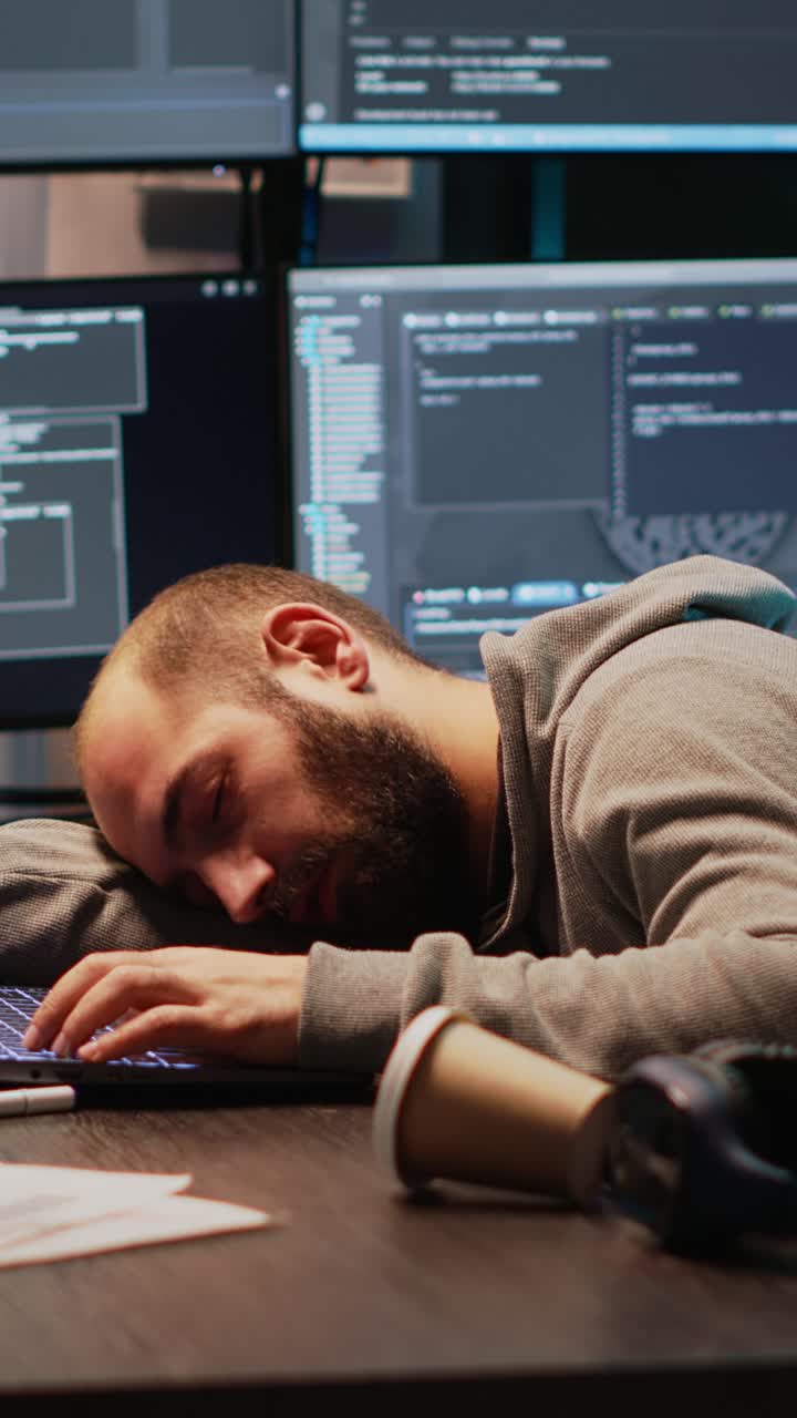 Vertical video: Male programmer falling asleep on office desk