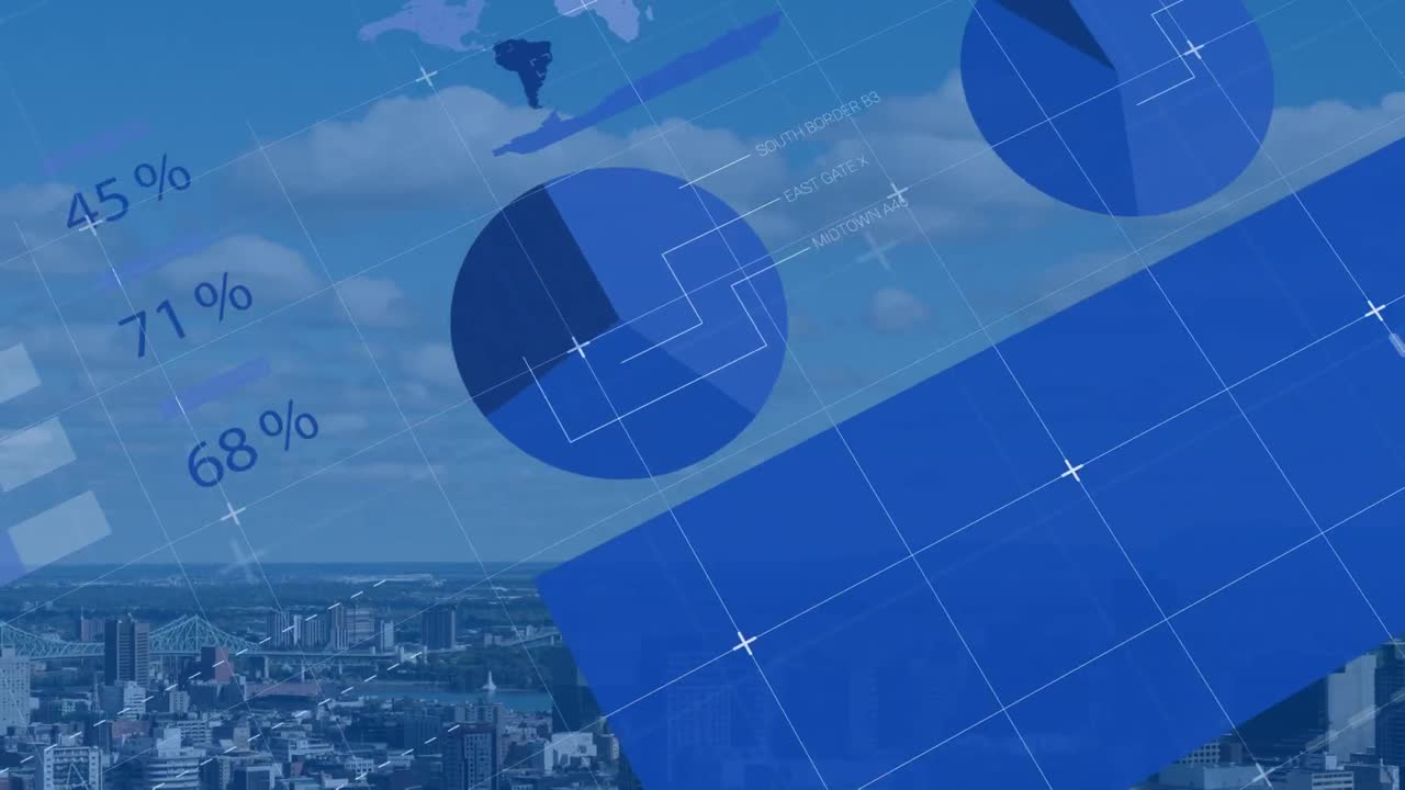 도시 풍경 위의 데이터 처리 애니메이션