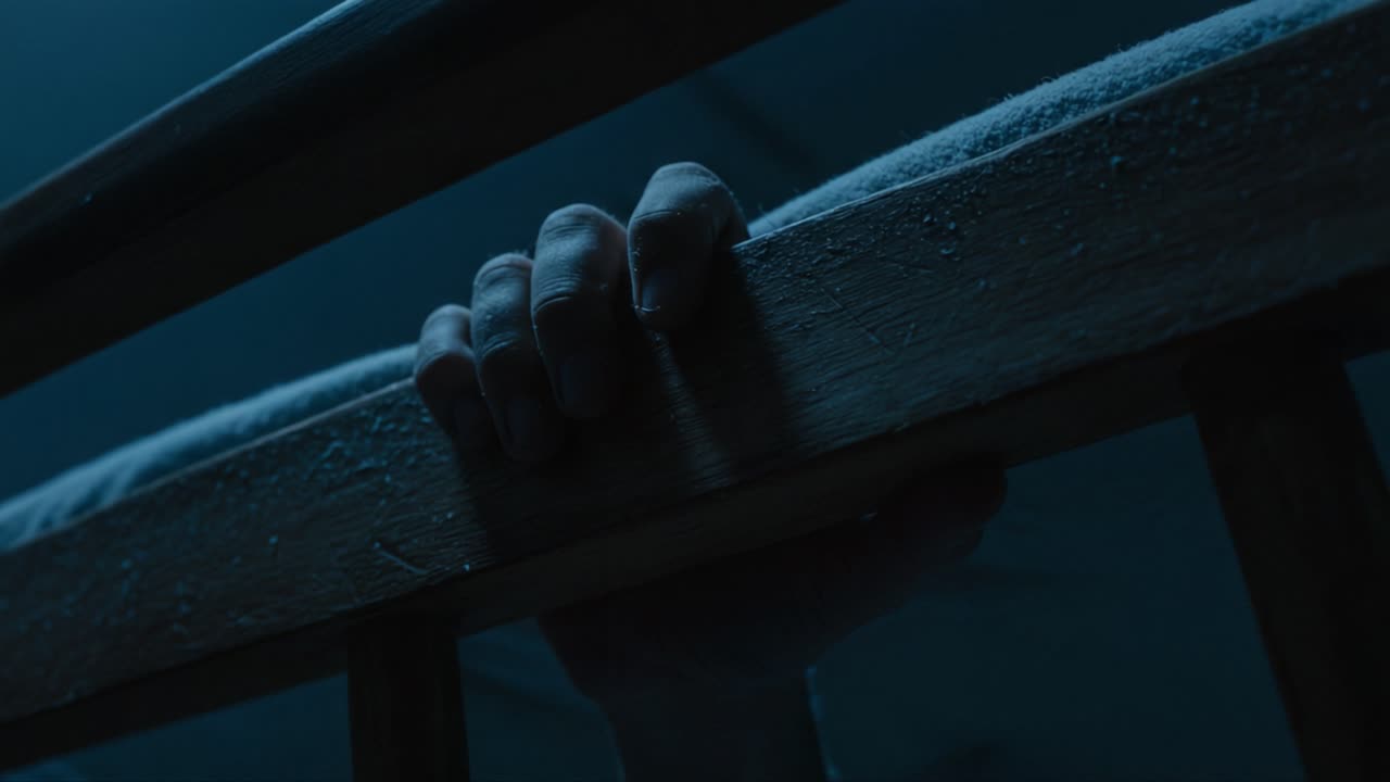 A Close-Up Perspective of a Hand Gripping a Frosted Railing in a Dimly Lit Environment, Evoking Themes of Tension and Anticipation in a Chilling Atmosphere
