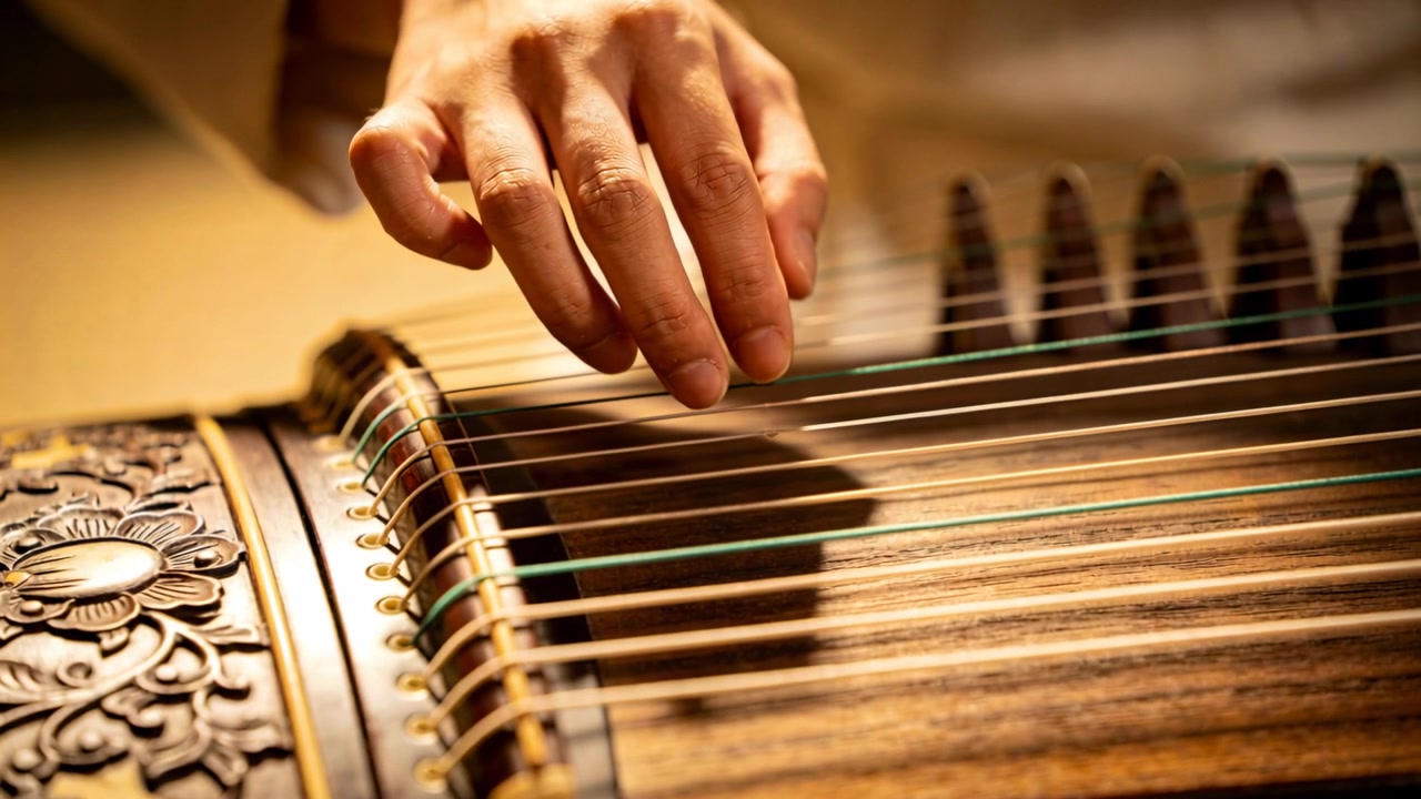 Plucking right hand in beige sleeve moving across zither strings in practice, casting nail shadow