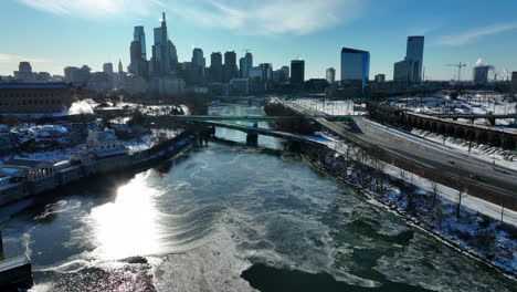 frozen river in american city winter